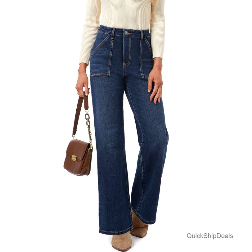 High Waisted Straight Leg Jeans Stretchy Denim Wide Leg Pants with Pockets